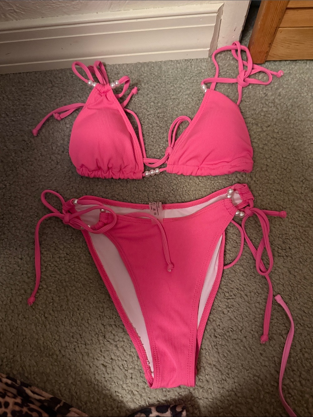 Pink Women’s ' Two-Piece Tie-String Bikini with Bead Detail